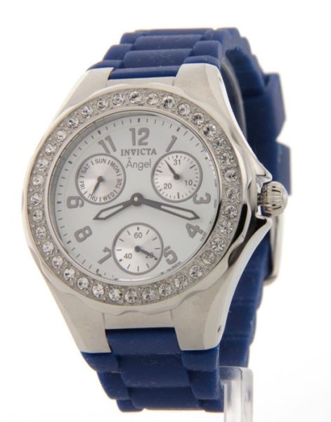 Invicta Womens Crystal Bezel Angel Polished Steel 3 Eye Day Date 