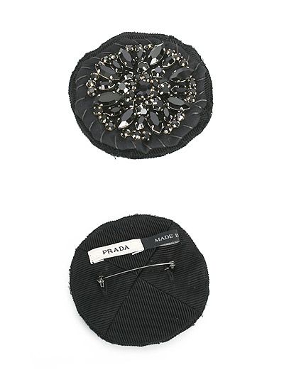 15519 auth PRADA black ottoman & black crystal Brooch  