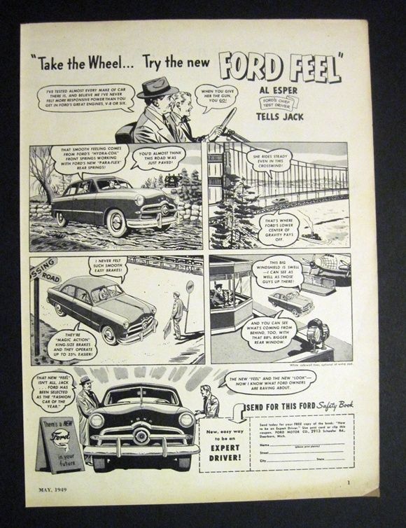 1949 Vintage Ford Car Test Drive Comic Strip Auto Ad  