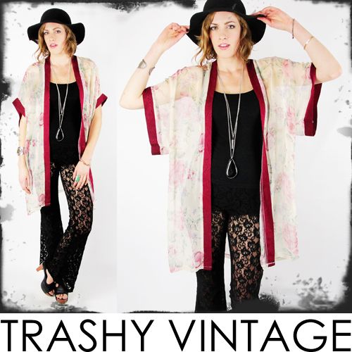 vtg 80s 90s boho gypsy SHEER FLORAL print draped KIMONO SLV cape 