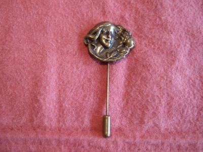 Vintage Art Nouveau Womans Face Figural Stickpin or Hatpin, Cast 