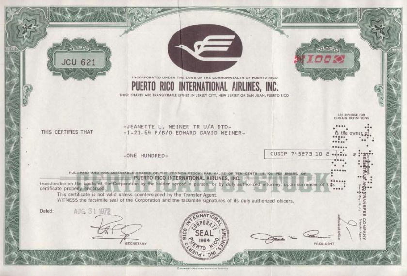 Puerto Rico International Airlines Inc. Stock Certificate  