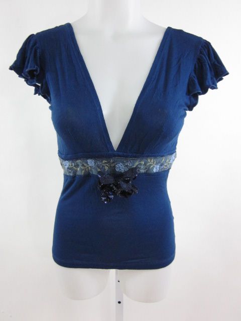 REBECCA BEESON Blue V Neck Short Sleeve Knit Top Sz S  