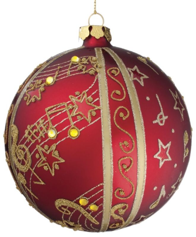 This set of 4 matte red ball ornaments feature gold glitter music 