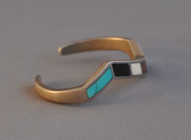 OLD ZUNI SILVER LIGHTNING BRACELET   TURQUOISE, JET, SHELL INLAY 