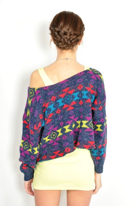 Vtg 80s Neon SOUTHWESTERN NAVAJO Knit Slouchy BOX CUT Crop JUMPER 