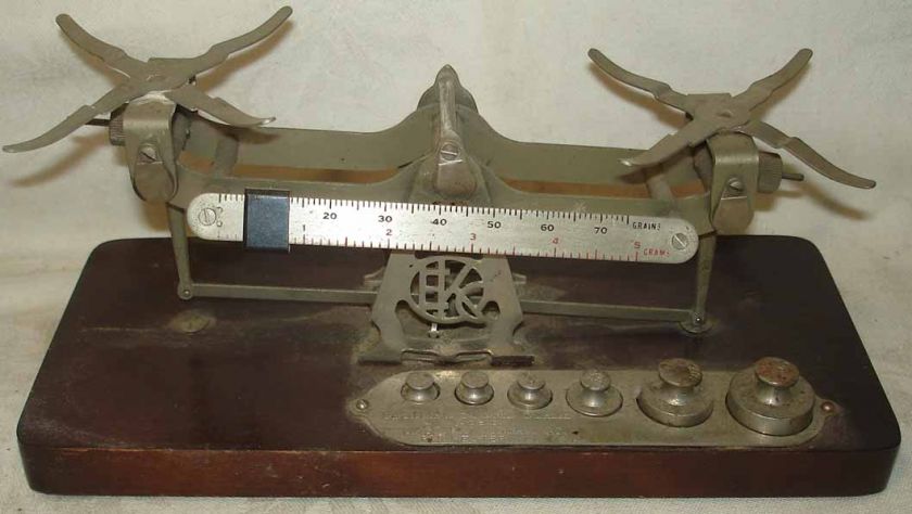 old Cast Iron BALANCE SCALE w/ White Porcelain Trays  