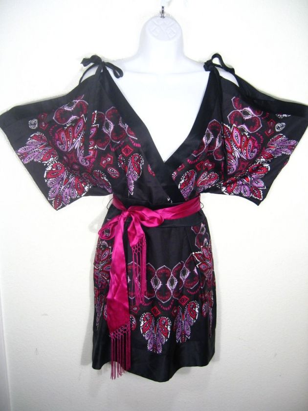 NWT BEBE ALEXI BLACK SILK KIMONO DRESS S  