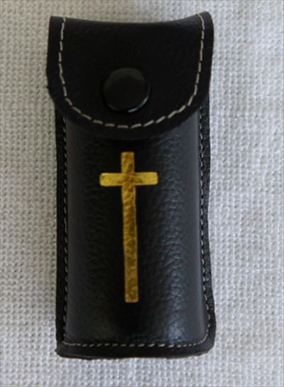   Holy Oil Stock with Leather Pouch for Priests and Churches Silvertone