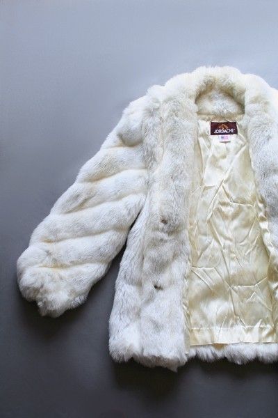   FOX FUR COAT L XL White Rabbit Jacket Chubby Vegan Leather Glam  