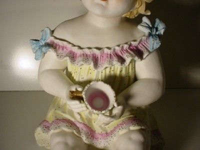   Extra Large German Bisque Piano Baby Holding Tip Cup Huge 14in  