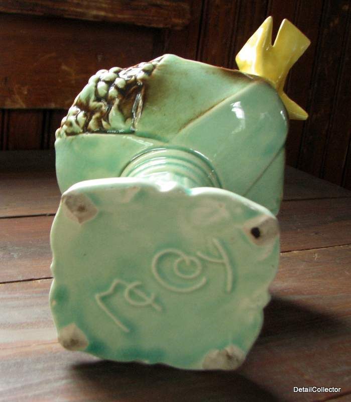 McCOY Yellow Bird on Birdbath PLANTER Vase Vintage Green Pottery Art 