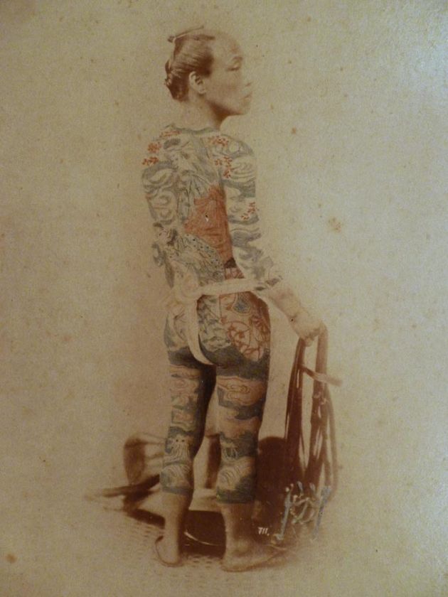 VERY RARE c1871 TATTOOED JAPANESE MAN ALBUMEN PHOTO  