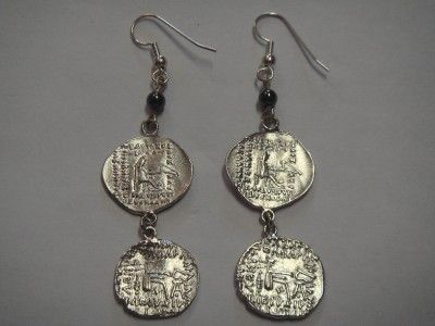 PARTHIAN DENARI BEADED HOOK DANGLY SILVER EARRINGS  