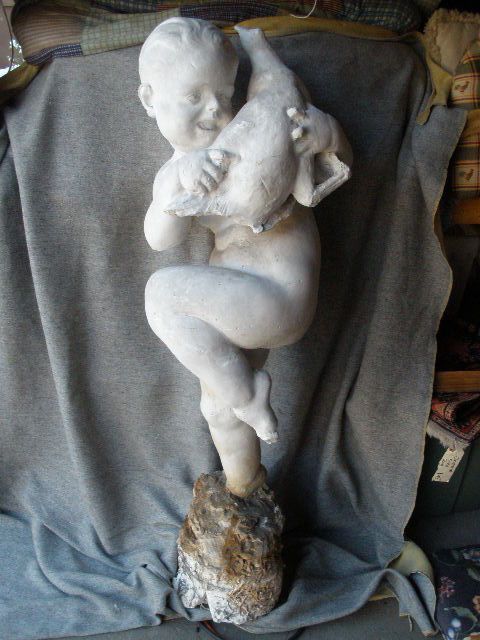 Hand Sculpted Garden Statue Boy Holding Bird  