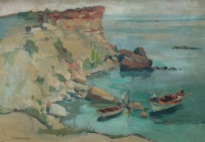 ANTIQUE GREEK IMPRESSIONIST FISHERMEN LISTED OIL PAINTING SEASCAPE 