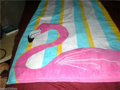 TROPICAL SUMMER CABANA STRIPE PINK FLAMINGO BEACH TOWEL  