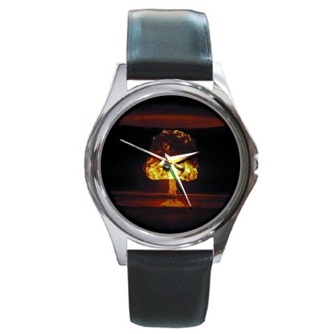 Thermonuclear Bomb Blast at Night Black Leather Watch  