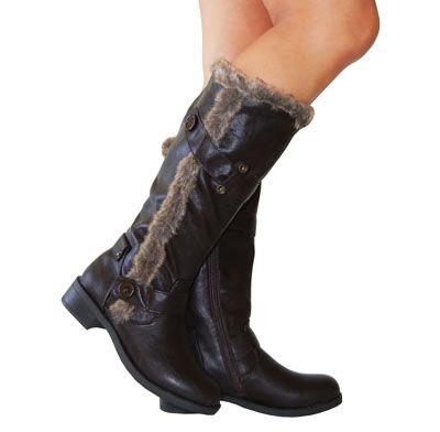   Fur Trim Strap Buttons Rivets Detail Knee High Flat Rider Boots Brown