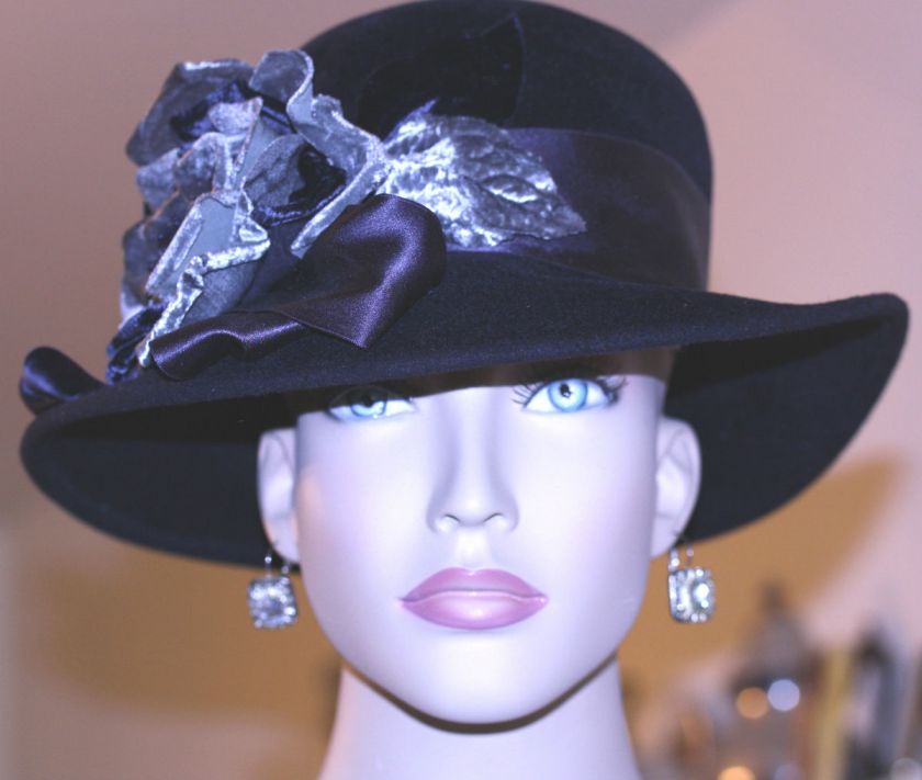   LOUISE green BLACK velvet HAT grey black VELVET rose RIBBON band