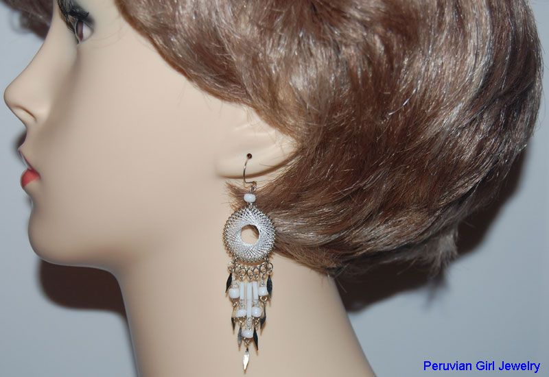 EARRINGS WHITE THREAD SOUTH AMERICA ARTISAN JEWELRY  