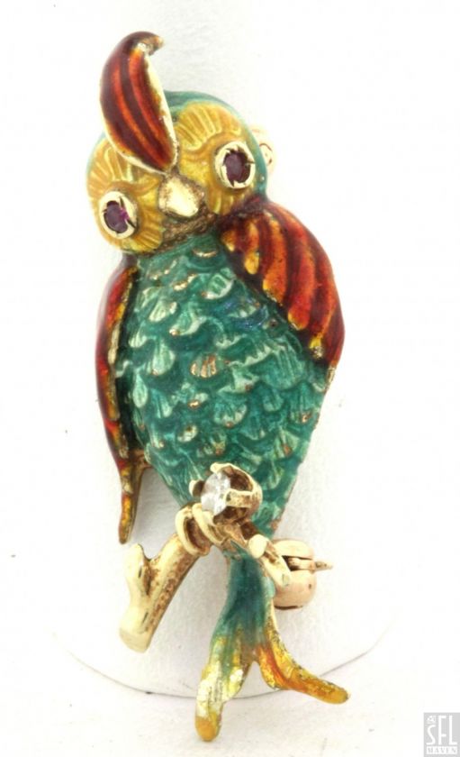   ADORABLE DIAMOND/RUBY RED/GREEN/YELLOW ENAMEL PARROT BIRD PIN/BROOCH