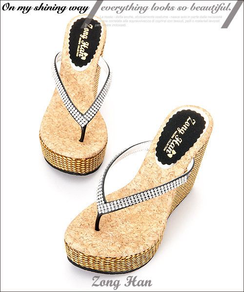   Bling Style High Heels Wedge Slippers Flip Flops Black, Gold  