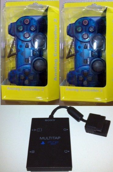 BLUE VIBRATION CONTROLLERS + SLIM MULTITAP FOR PS2  