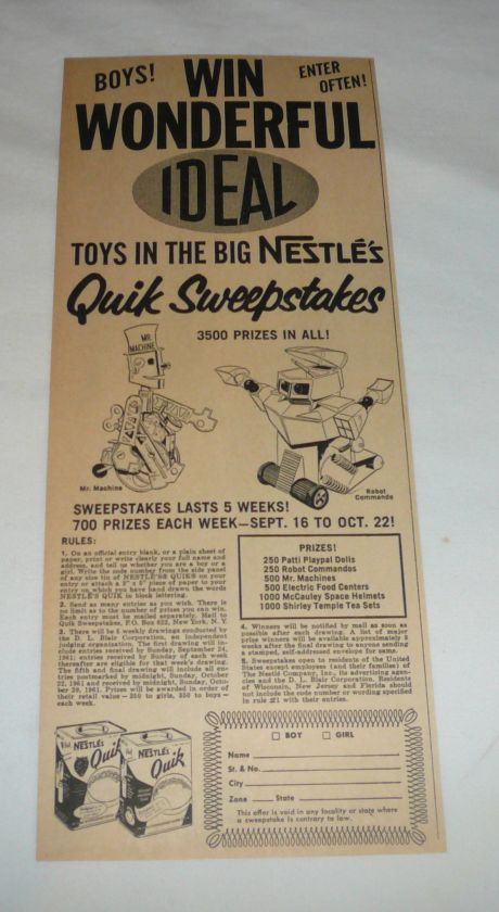 1961 Ideal/Nestles Quik ROBOT TOYS Sweepstakes ad  
