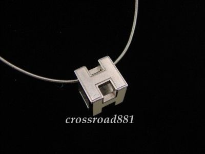 Authentic Hermes White x Silver H Cube Pendant / Necklace Very Good 