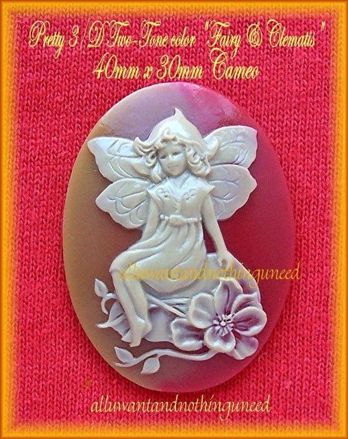 BEAUTIFUL UNIQUE 40mm x 30mm FAIRY & CLEMATIS CAMEO  