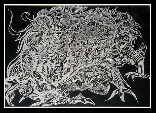 Rare Sascha B Brastoff Scratchboard Drawing   Foo Dog  