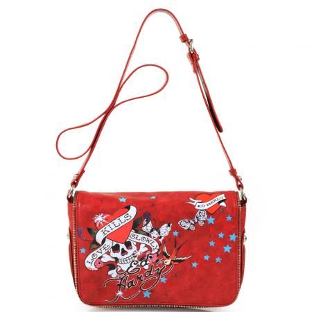 Ed Hardy Cheyenne Love Kills Slowly Crossbody Bag   Red  