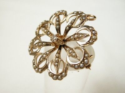 Victorian 10KT Gold Pendant Brooch w/ Solitaire Diamond and Seed 