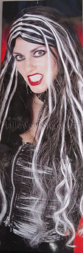 24 Silver Streaks Evil Dark Demon Witch Wig Black  