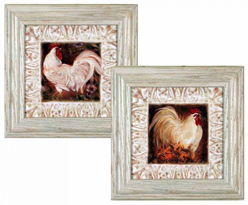 Set/2 French Country Rooster Kitchen Decor Art Framed  
