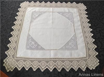 Antique Linen Tablecloth Teapots Hand Crochet Lace Edge  
