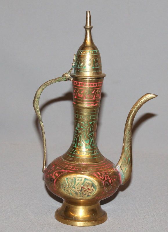 VINTAGE ARABIC ISLAMIC FLORAL ENGRAVED BRASS TEA COFFEE POT PITCHER 