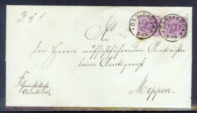 GERMANY #38 PAIR on COVER SHEET   OSNABRUCK 4/13/1887  