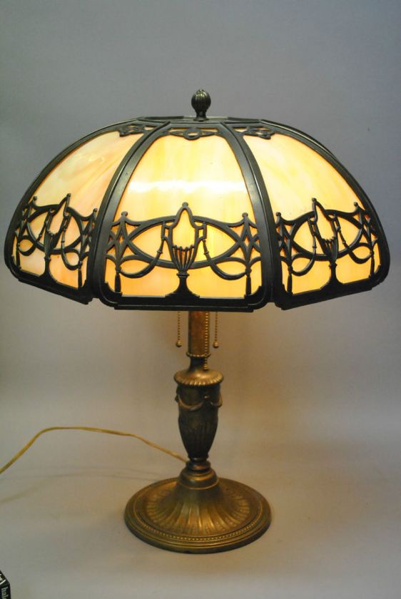 Vintage Bradley and Hubbard Panel Lamp with Caramel Glass Panels 