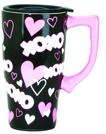   14 oz. CERAMIC TRAVEL MUG   XOXO HEARTS HUGS AND KISSES DESIGN  