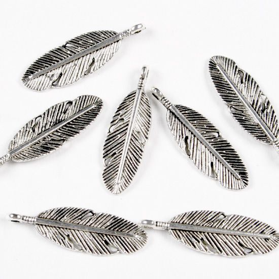 50 PCS TIBETAN SILVER FEATHER CHARM PENDANT BEAD 30X9MM  