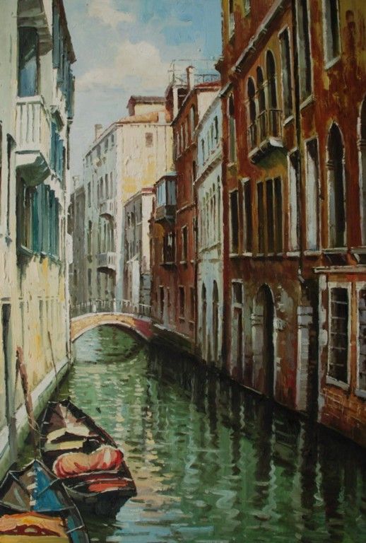 Oil Painting Venice River Boats Art on Canvas V7  