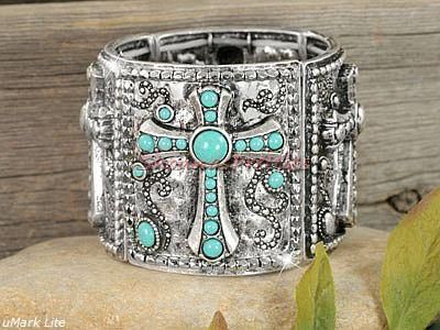 New Chic Couture Big Turquoise Cross Silver Chunky Bracelet Cuff 