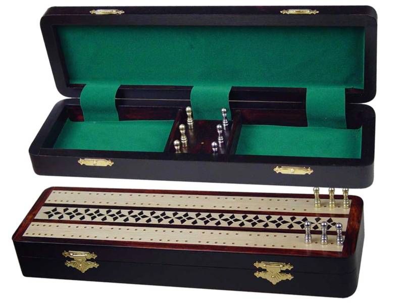 Cribbage Board Game Wood Inlaid 3 Tracks Metal Pegs Box  