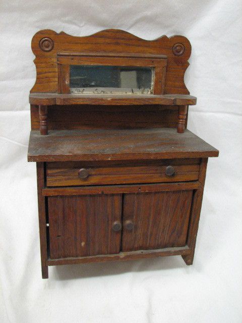 EARLY DOLL HOUSE FURNITURE WOODEN SIDE BOARD W/MIRROR  