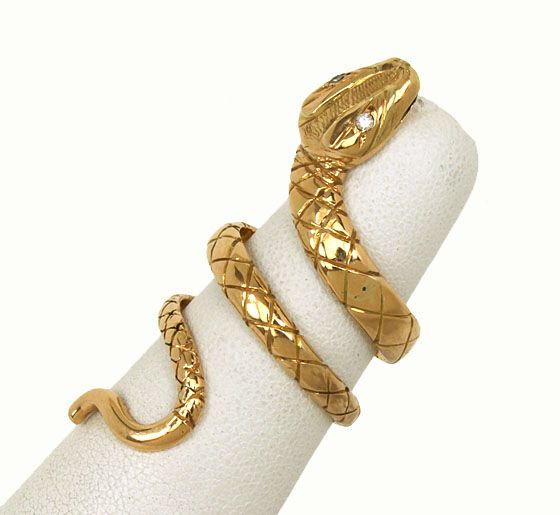 VINTAGE 14K GOLD & DIAMONDS LADIES SNAKE SPIRAL BAND RING  