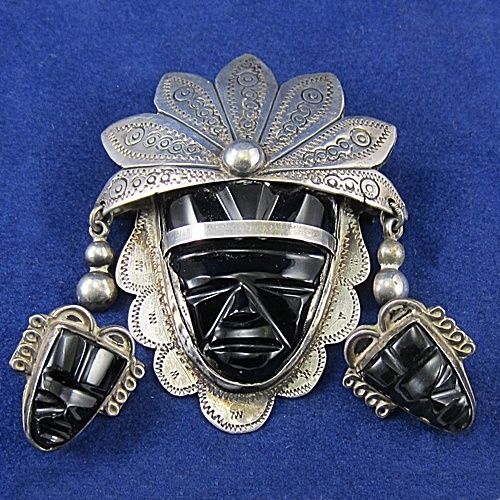   Onyx SILVER MEXICO AZTEC Brooch with Aztec Mask Earrings  