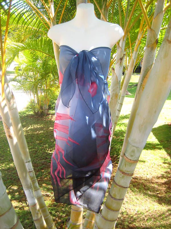   GRAY W/ RED LILY Hawaii Pareo Beach Cover up Wrap Skirt Dress  