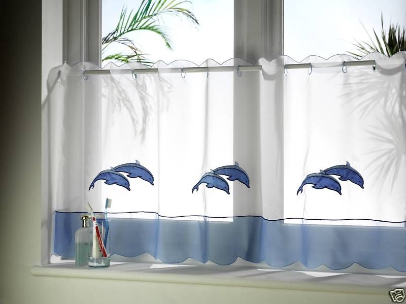 WHITE BLUE DOLPHIN KITCHEN CAFE CURTAIN 60 X 24  